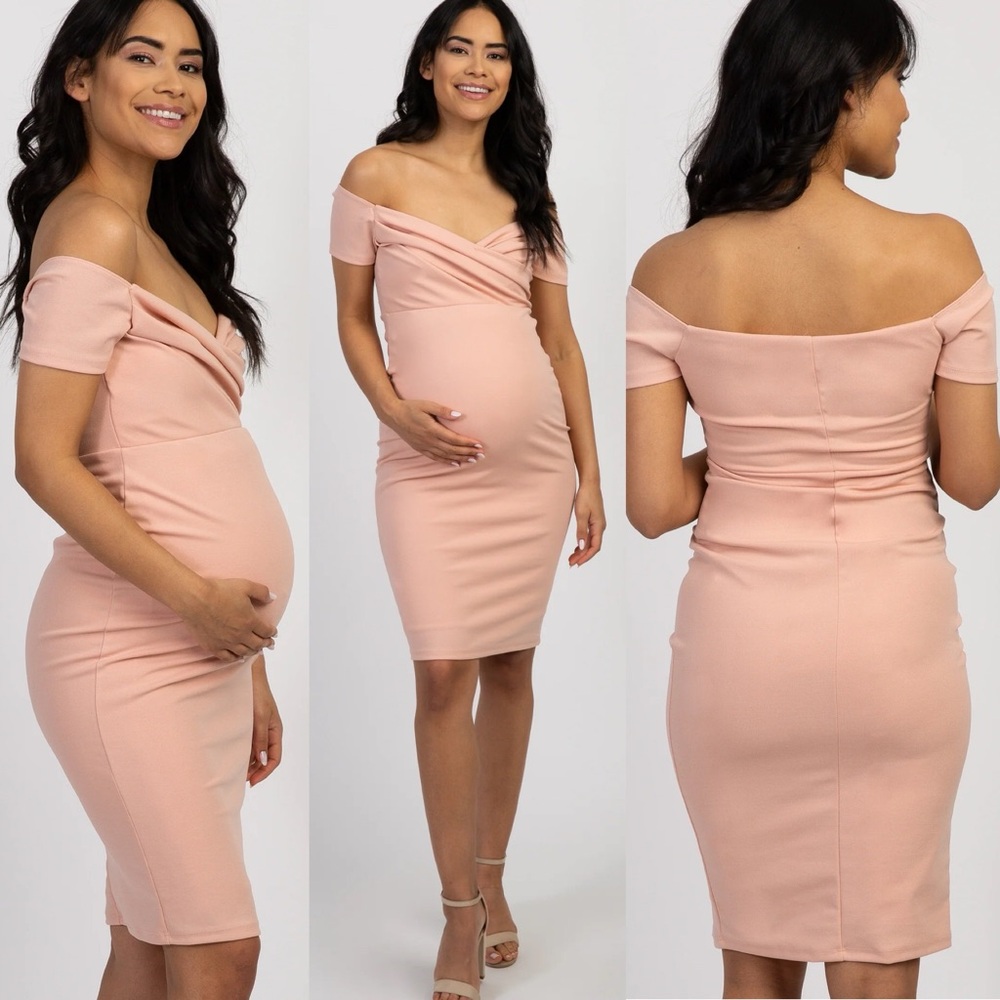 PinkBlush Light Pink Solid Off Shoulder Sweetheart Neck Maternity Fitted Dress